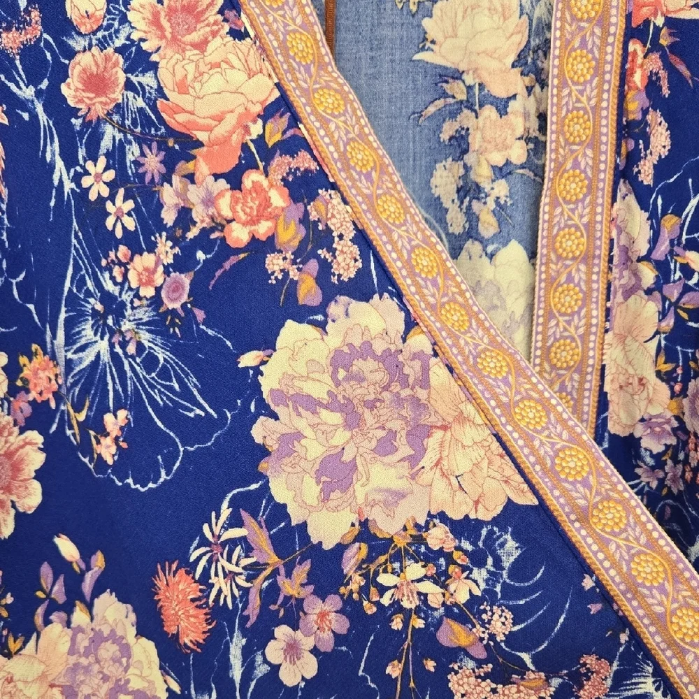 Knox Rose Sapphire Blue and Pink Romantic Floral Boho Ornate Tassels Kimono - Picture 3 of 6